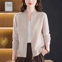 立领外套女2025新款妈妈休闲百搭上衣洋气高档100纯羊毛拉链开衫