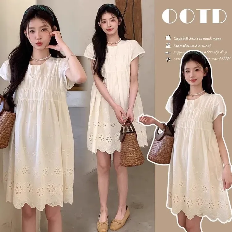 小个子孕妇装夏季新款镂空显瘦绣花减龄百搭宽松中长款A字连衣裙