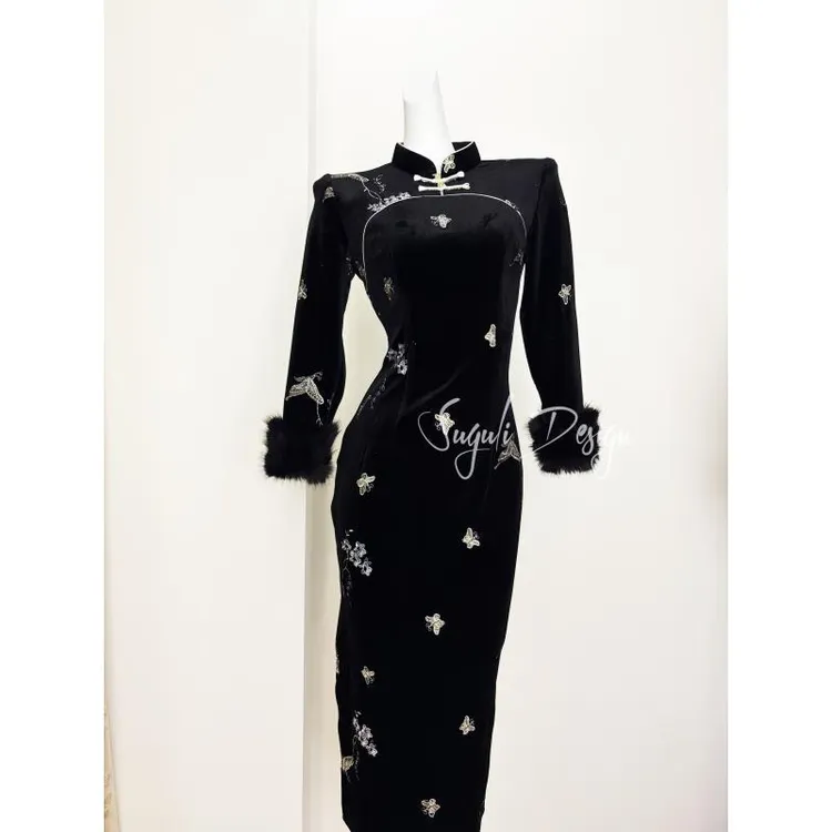 苏故里【蝶舞翩翩】新款冬季加绒加厚气质女人味显瘦改良旗袍