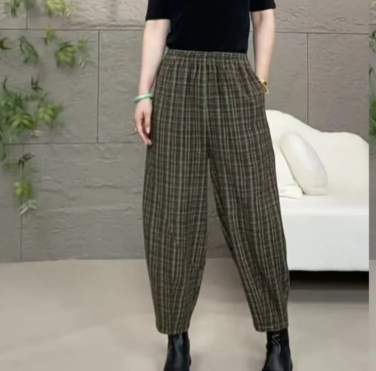 冬季休闲风加绒拼接秋冬格纹厚款休闲裤宽松阔腿外穿百搭女装02