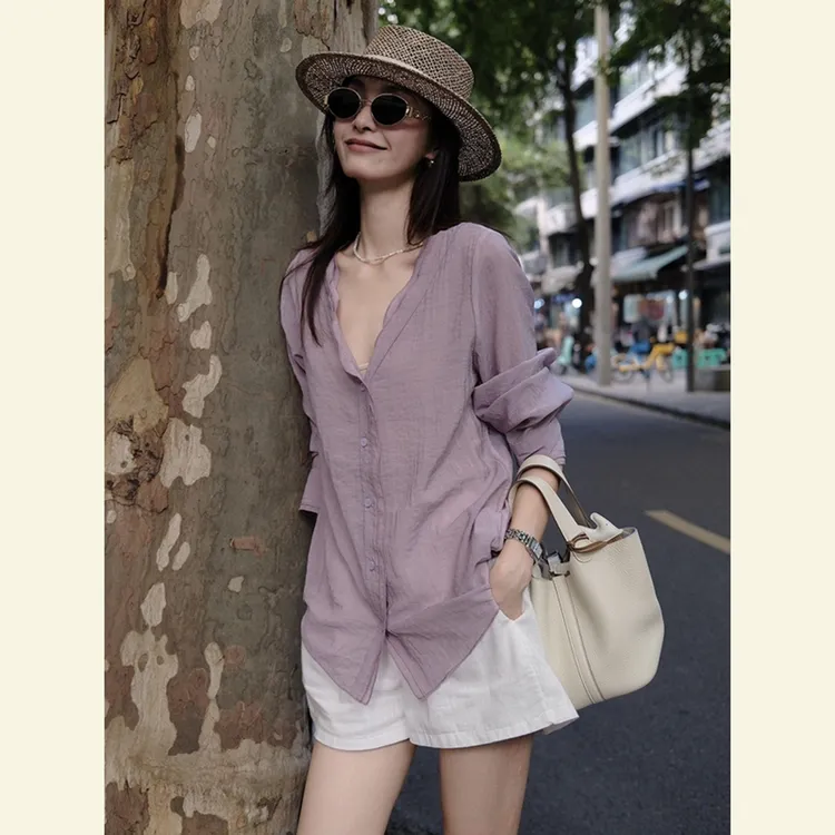 法式小资小上衣轻熟高级感洋气减龄茶里茶气通勤风紫色亚麻衬衫夏