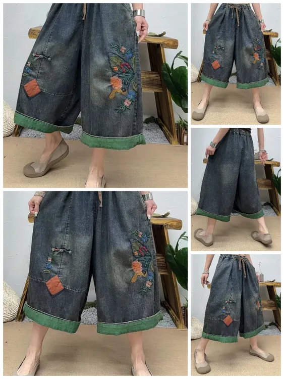 8158夏款重工刺绣牛仔七分直筒裤