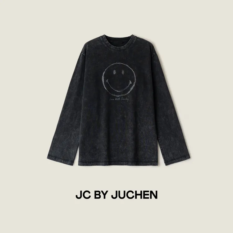 很重工的！高克重棉重水洗做旧摇滚笑脸烫钻长袖T恤女FW117002-194