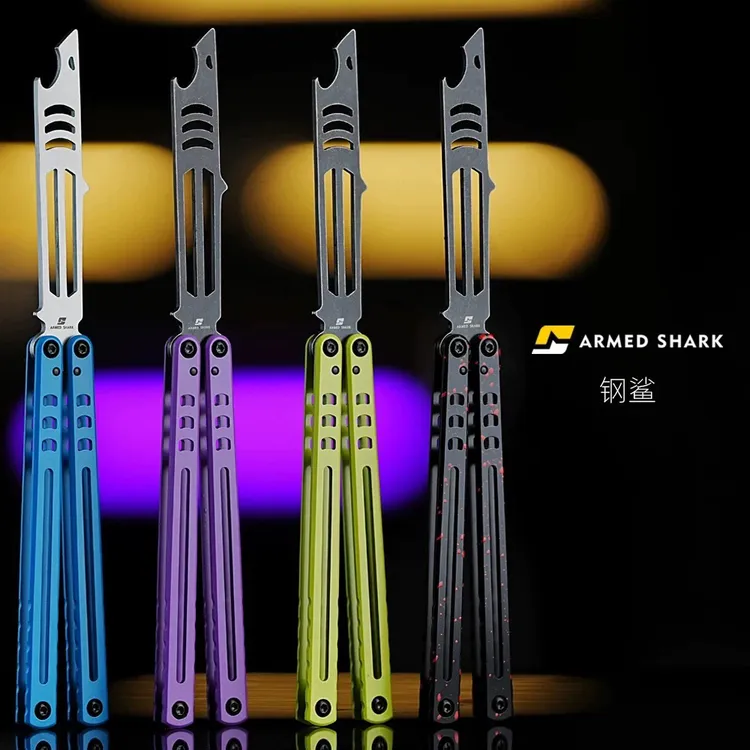 战鲨钢小鲨【大海蝴蝶花式】折叠钢鲨练习蝴蝶刀有效轴   未开刃