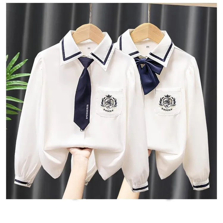 FAVMARTHA女童白色衬衫外套春装长袖薄大童学院风衬衫女孩春秋季