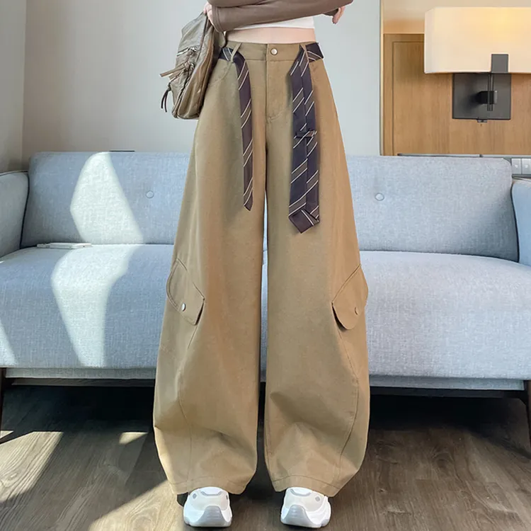 高腰阔腿休闲裤女弯刀裤2025秋冬季工装裤直筒复古运动裤女L3581
