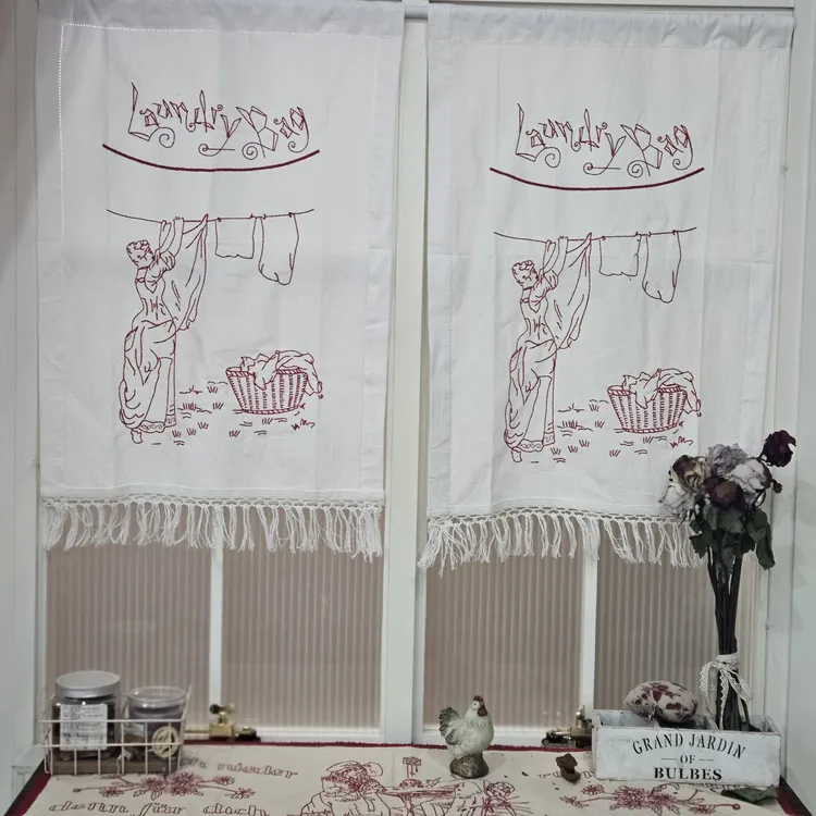 LY2551法式晾衣少女款棉麻刺绣半帘门帘橱柜帘多用半帘