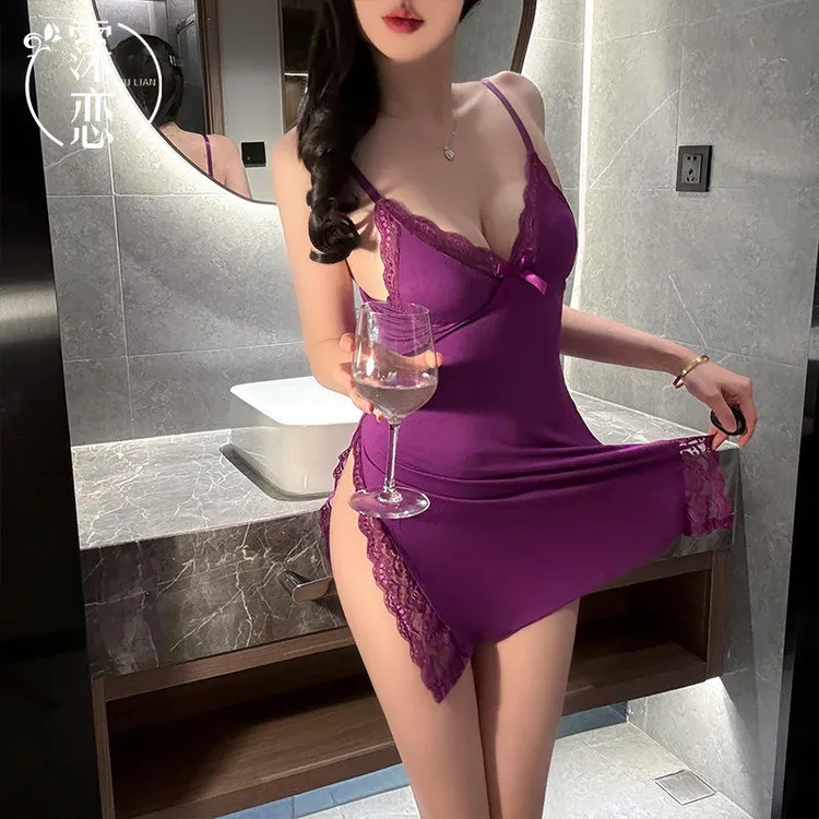 霂恋内衣高端莫代尔性感睡衣女大码胖MM紫色蕾丝吊带睡裙