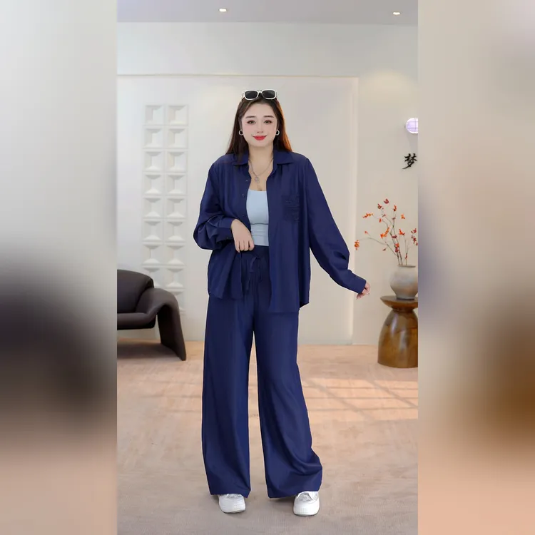 大码女装POLO领气质潮流宽松百搭显瘦遮肉长袖衬衫长短裤子两件套