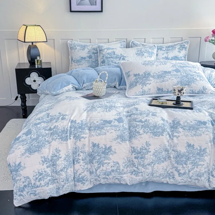加厚保暖6D雕花绒牛奶绒被套四件套提花毛绒被罩床上用品套件简约