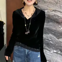 贵族丝绒拼蕾丝帽打底衫8935HGFYCQ