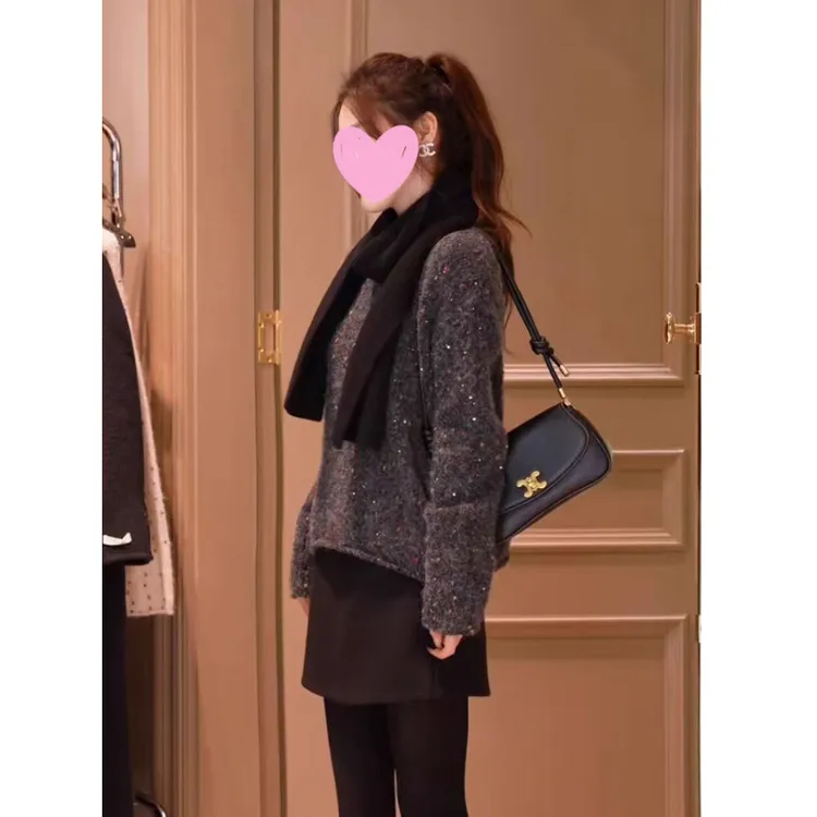 多娜同款女装秋冬灰色亮片套头软糯百搭针织衫轻奢高级感毛衣上衣