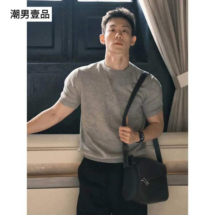 灰色圆领正肩短袖男款夏季美式复古重磅显肌肉t恤健身收袖口半袖