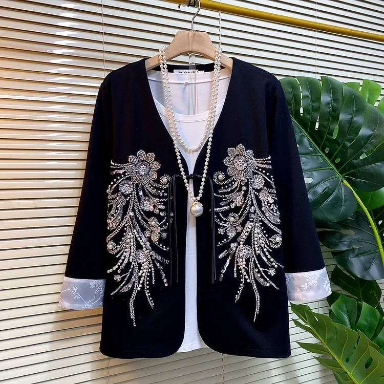 春季新款大码女装时尚气质亮片钉珠高品质盘扣外套
