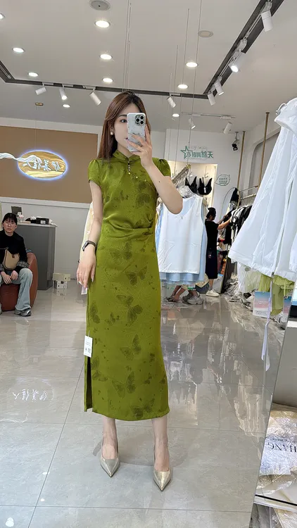 新中式日常中长裙无袖提花旗袍低开衩圆襟包臀裙一字扣长旗袍