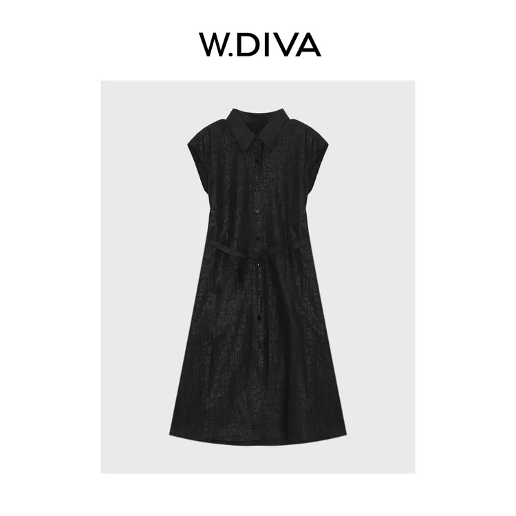 W.Diva【暗纹织序】28MM龟裂纹香云纱复古翻领衬衫连衣裙52D292544