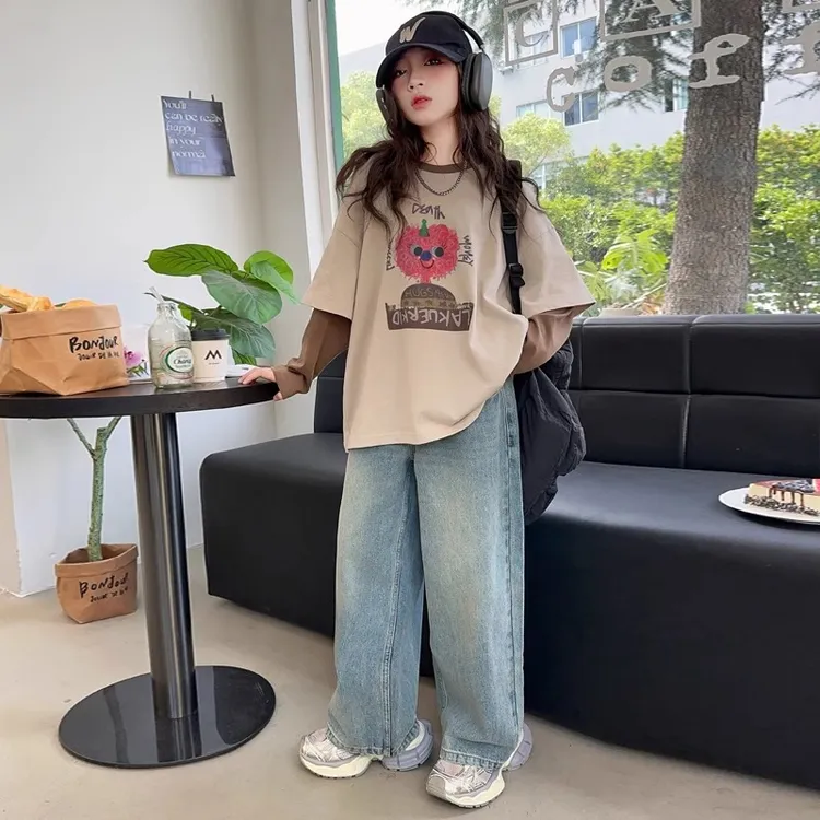 女孩长袖T恤2025新款时髦假两件体恤9岁12大儿童13休闲14宽松上衣