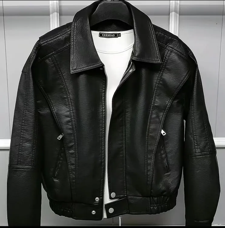 修身型薄款翻领夹克休闲春季涂层外套上衣加厚修身黑色春秋男士