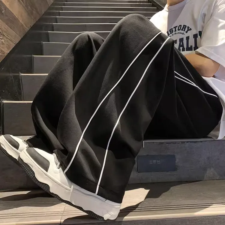 仓石一树黑色裤子男秋冬条纹运动阔腿裤高级感情侣宽松直筒拖地裤