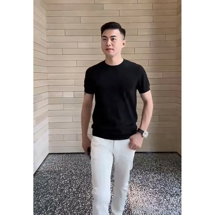 上衣针织衫男装男士高端成熟高品质圆领冰丝T恤薄款短袖稳重黑色
