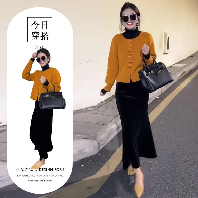 2025秋冬新中式复古盘扣显瘦针织开衫高腰包臀半身裙中国风两件套