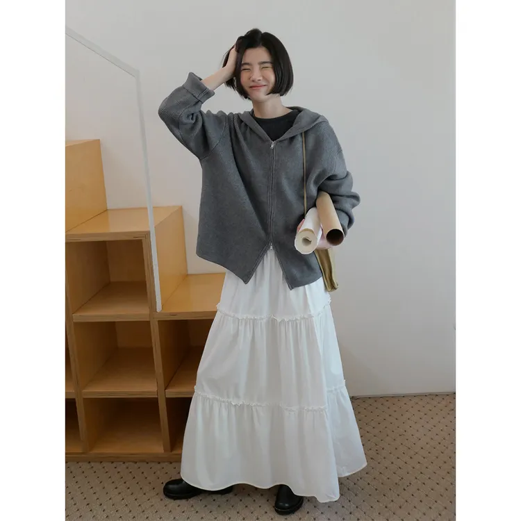 松弛oni 随性慵懒拉链条纹连帽针织开衫