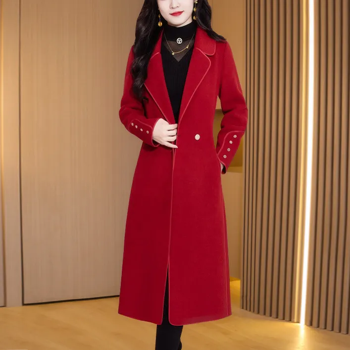 红色喜婆婆双面绒新年大衣女秋冬新款贵夫人中长款过膝2025新款呢