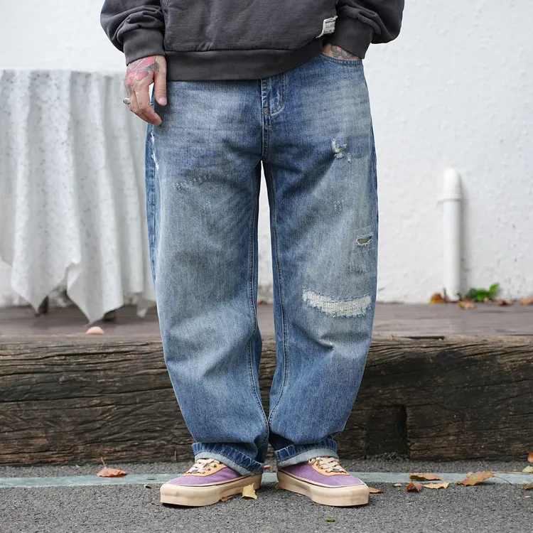 25FW秋季重磅猫须破洞牛仔裤日系复古休闲宽松微锥补丁牛仔裤