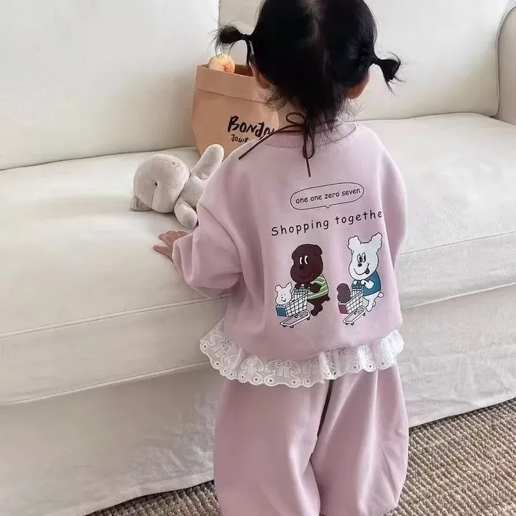 女童卫衣套装2025秋新款儿童卡通洋气秋装休闲韩版女宝印花两件套