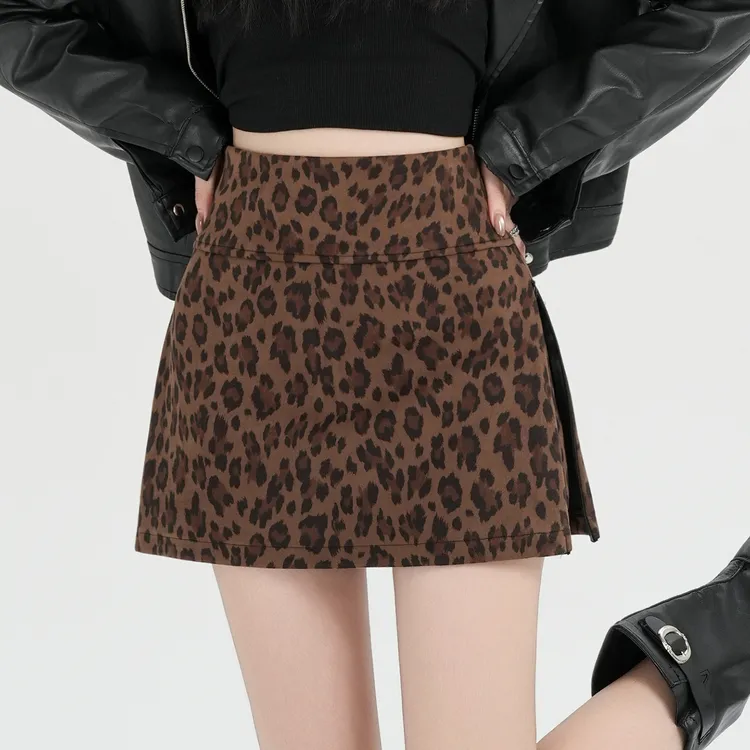 气质豹纹短裙2025秋冬辣妹新款拼接高腰显瘦带防走光豹纹半身裙女