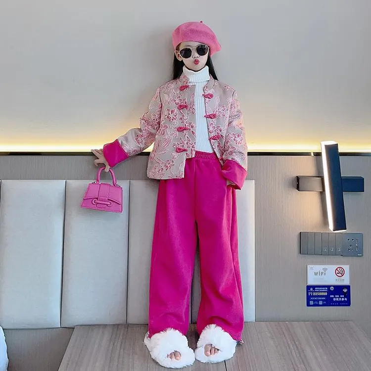 女童套装秋冬装2024新款时髦洋气中式唐装年服中大儿童冬季羽绒服