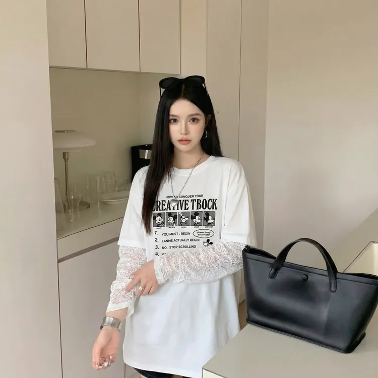 FANRUI/泛芮「镂空棱叙」绣花袖字母图案时髦中长款打底上衣B19707