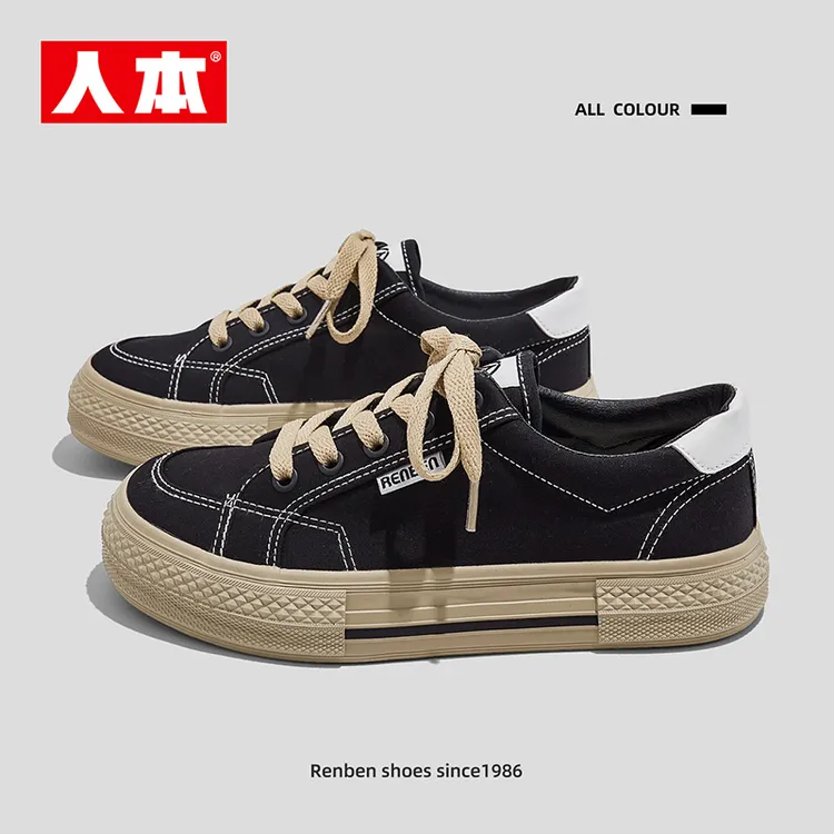 人本帆布鞋女秋季2025新款透气百搭ins潮鞋女高颜值厚底增高板鞋