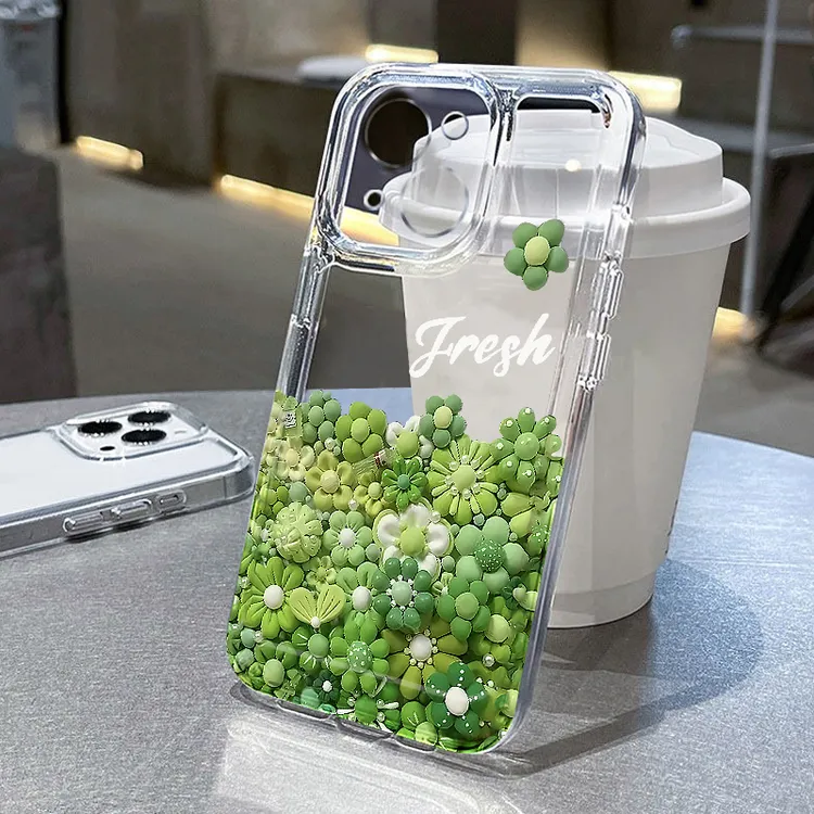 小清新绿色花花世界适用苹果15promax手机壳iPhone14pro/16透明壳