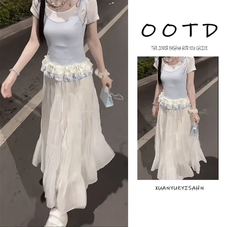 爆款一整套夏季女套装2025新款韩版假两件上衣甜美风半身裙两件套