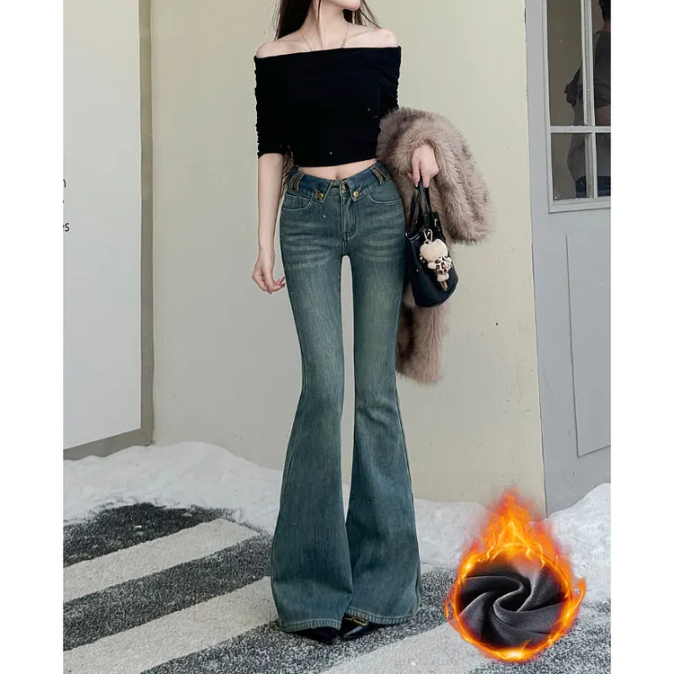 高腰微喇叭加绒牛仔裤女2025冬季加绒新款辣妹修身显瘦百搭小个子