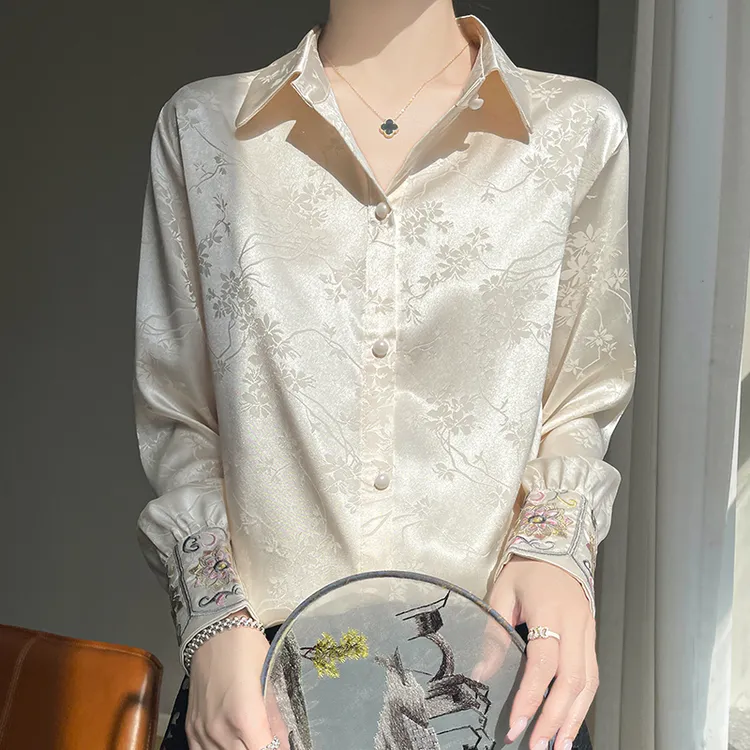 新中式醋酸缎面提花衬衫女2025春季新款复古风唐装上衣长袖衬衣