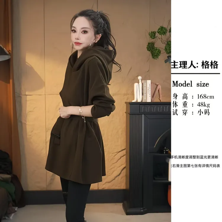 【格小姐】9912-1秋冬款欧版潮流气质休闲拼接百搭显瘦连帽腰带卫衣