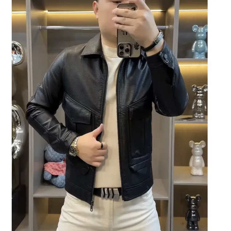 男士春秋时尚翻领夹克外套修身时尚百搭潮流复古外套0366