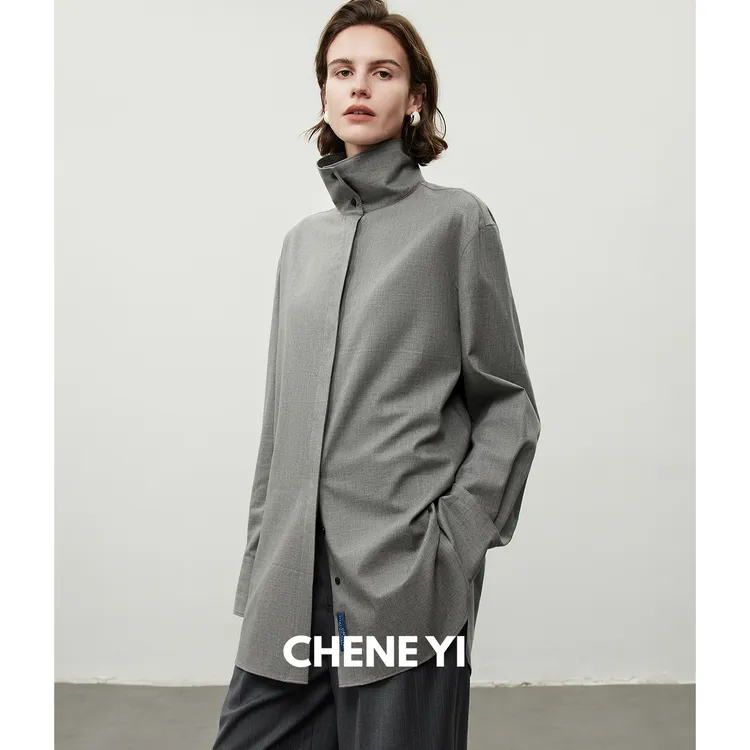 CHENE YI 造型感两穿立领/翻领微阔型宽松灰色设计感衬衫女上衣