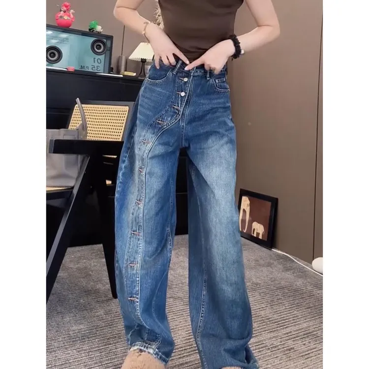 牛仔裤女士2025年早秋新款裤子爆款覆古多扣弯刀裤显瘦高腰阔腿裤