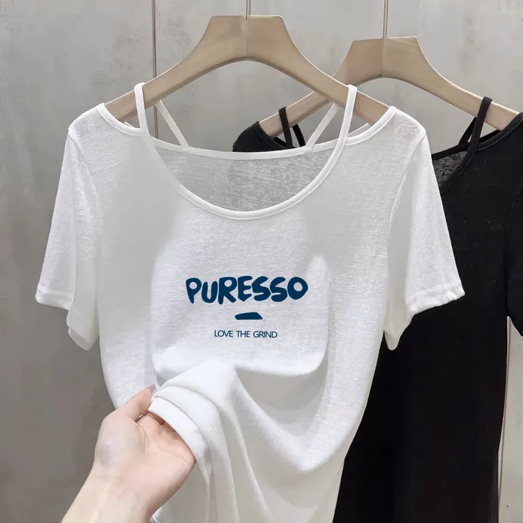 法式露锁骨短袖夏季女装薄款宽松型t恤显瘦T恤雪花棉气质上衣