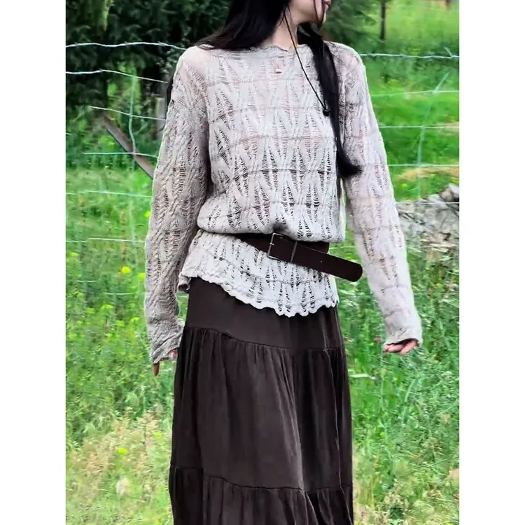 慵懒随性套装2025早秋新款时尚洋气百搭菱形长袖针织罩衫+半身裙