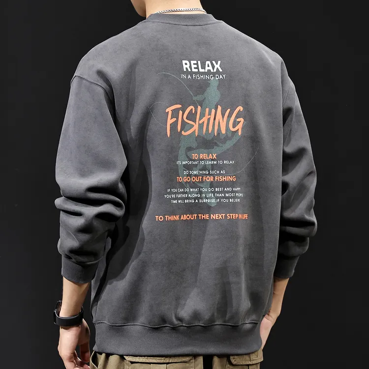 LEIGHZ/雷茨云染洗褪印花2025新款简约卫衣男士宽松休闲加绒衣服