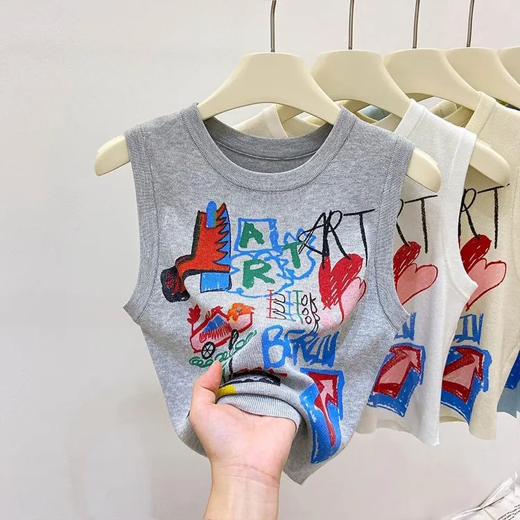 美式甜辣无袖小背心女夏外穿新款薄款印花短款针织背心灰色上衣