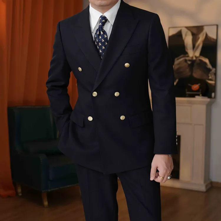 羊毛布雷泽藏青厚款修身型常规款落肩袖西服上装婚礼服经典商务