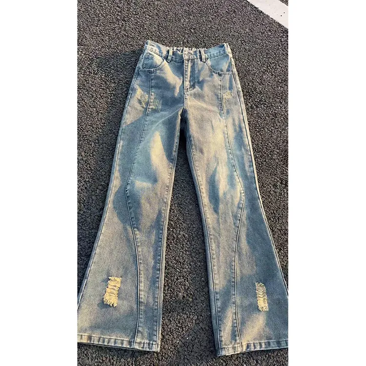 猫爪破洞弯刀牛仔裤男款春秋季美式复古高街vibe潮牌港风直筒裤子