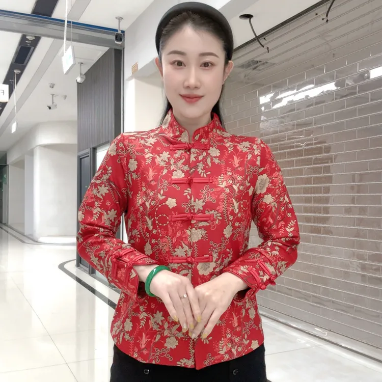 国风新中式加绒印花小衫修身型中老年女装民族风外套