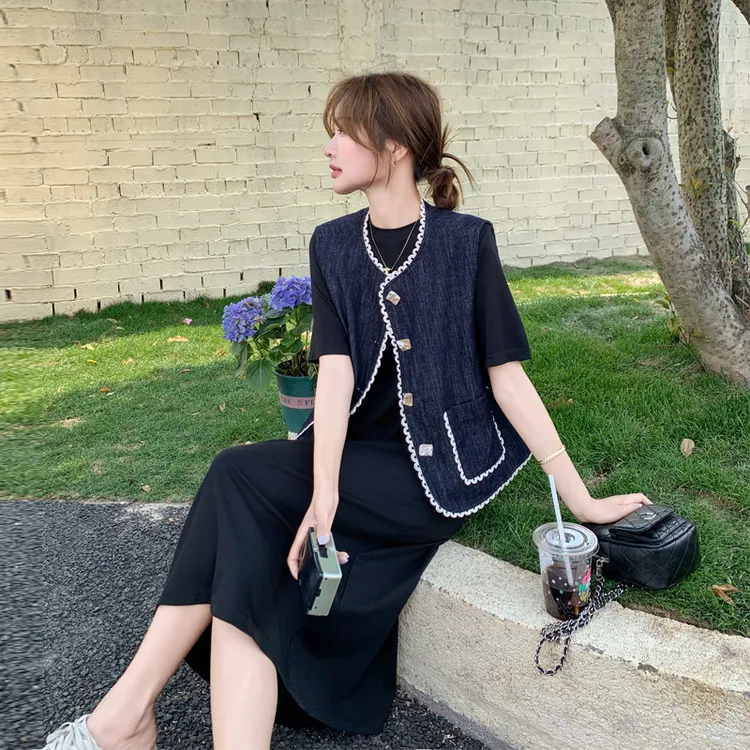 小香风马甲T恤裙套装女2025夏季新款韩系松弛感穿搭极简风两件套