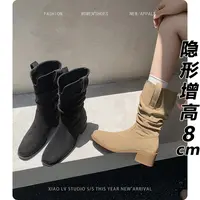 美拉德靴子女大码新款粗跟胖mm中筒靴大筒围西部牛仔堆堆靴马丁靴